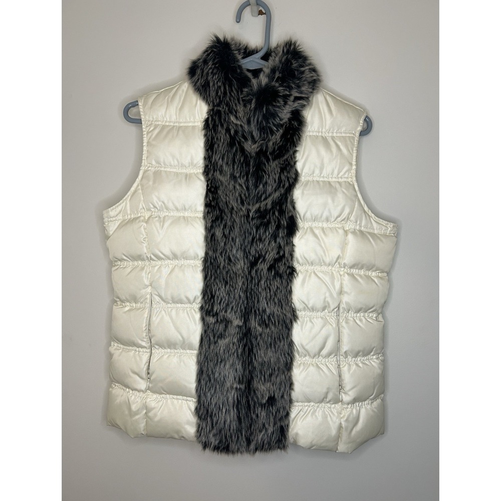 INC International Concepts Ivory Outdoor DOWN Vest Faux Fur Trim Womens M
